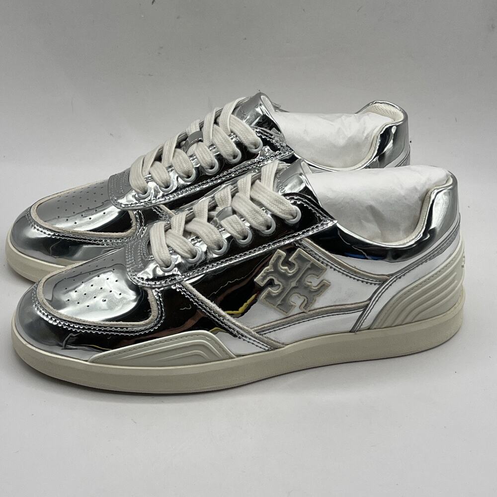 TORY BURCH CLOVER COURT SNEAKER METALLIC TPU ARGENTO/OYSTER SZ US 6.5 M NWOBT